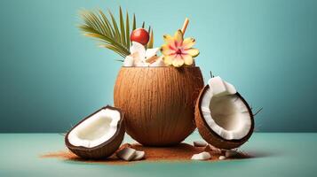 Coconut cocktail served in a natural coconut shell, decorated with a mini umbrella and fruit slice, with a pastel-colored gradient background. photo