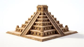Artistic render of a Mayan temple model, emphasizing stepped pyramids and stone textures, isolated on a white background to accentuate its ancient craftsmanship. photo