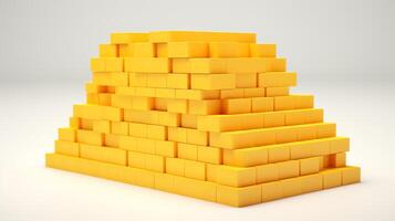 Detailed 3D render of a stack of new yellow bricks, meticulously arranged and displayed against a stark white background to emphasize their uniform shape and size. photo