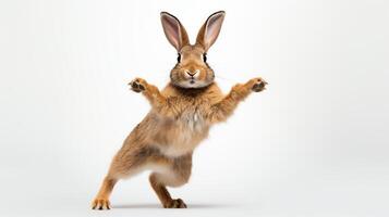 Artistic photo of a playful brown rabbit mid-hop, capturing its dynamic movement and adorable posture, isolated on a white background for a lively and engaging visual.