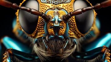 A stunning close-up photograph of a metallic blue and gold bug with intricate details. The bug's eyes are a deep black, and its wings are a shimmering green. photo