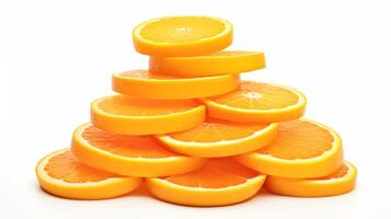 Creative depiction of a stack of orange slices, gradually transitioning from whole to segments, showcased against a white background to emphasize the vibrant, juicy layers. photo