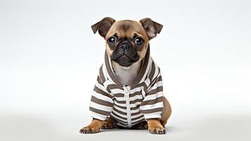 Cute and casual scene of a dog lounging in a striped hoodie, looking directly at the camera with a serene expression, perfectly framed against a stark white background to highlight photo