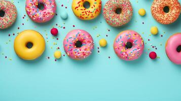 A playful arrangement of donuts with pastel icings and sprinkles, neatly organized on a bright turquoise surface for a pop of color. photo