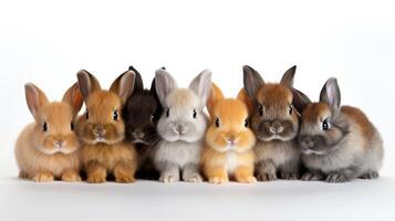 Cute depiction of a group of baby rabbits, various colors and breeds, snuggled together, creating a heartwarming scene, isolated on a white background perfect for greeting cards or photo