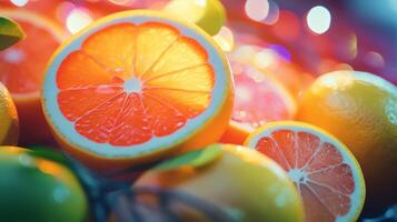 Close-up of citrus fruits like oranges, lemons, and limes against a backdrop of gradient neon lights, highlighting fresh and zesty themes. photo