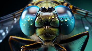 Take an extreme close up photograph of the compound eyes of a dragonfly. The eyes should be in focus and have water droplets on the surface. photo