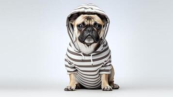 Cute and casual scene of a dog lounging in a striped hoodie, looking directly at the camera with a serene expression, perfectly framed against a stark white background to highlight photo