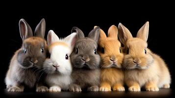 Cute depiction of a group of baby rabbits, various colors and breeds, snuggled together, creating a heartwarming scene, isolated on a white background perfect for greeting cards or photo