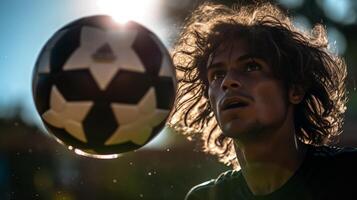 High-contrast image showing the critical moment a soccer ball is hit, viewed from behind the player, focusing on their intense gaze under the late afternoon sunlight. photo