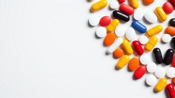 An array of various colorful pills scattered on a white background, symbolizing diversity in medication and healthcare options. photo