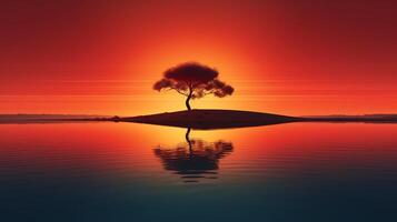 A minimalist depiction of a sunset landscape, where fiery hues paint the sky and a single tree silhouette is reflected perfectly in the still waters below, creating a striking visu photo