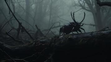 A dark, atmospheric shot capturing a stag beetle on a broken branch, with fog surrounding it, using the rule of thirds and high contrast for a sinister cinematic look. photo