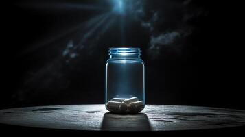 A dramatic scene of a single drug capsule highlighted under a spotlight against a dark, moody background, emphasizing the power of medication. photo