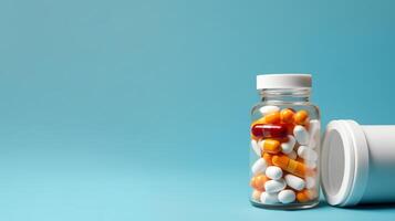 A close-up image of a prescription bottle filled with pills and capsules. The bottle is white and has a white cap. The pills are red, orange, and white. The background is blue. photo