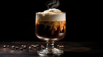 A photo of an Irish coffee in a glass on a table with coffee beans spilled next to it
