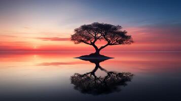 A large tree stands alone in the middle of a vast body of water. The sky is a deep orange and the water is a deep blue. The tree is reflected in the water. photo