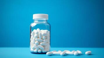 A close-up image of a prescription bottle filled with pills and capsules. The bottle is white and has a white cap. The pills are red, orange, and white. The background is blue. photo