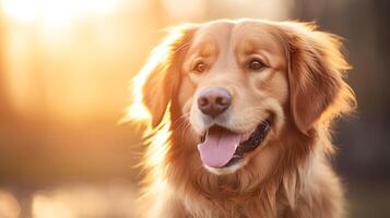 A close-up of a smiling dog with a shiny coat, against a blurred natural background, offering extensive copy space for veterinary clinics or pet health insurance promotions. photo