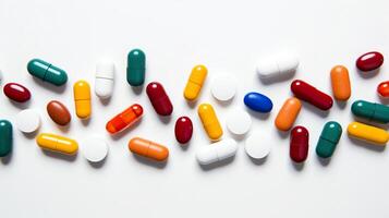 An array of various colorful pills scattered on a white background, symbolizing diversity in medication and healthcare options. photo