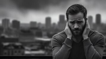 Dramatic grayscale image of a man standing against a cityscape background, his expression fraught with stress and worry. photo