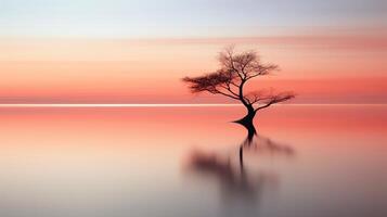 A single tree in the middle of a lake at sunset with a pink sky and a smooth water surface. photo