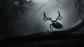 A dark and mysterious forest with a large, glowing beetle on a branch. photo