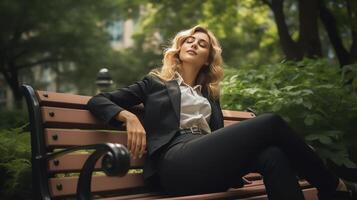 Professional woman in a business suit taking a rest on a park bench, enjoying a break from the busy city life around her. photo