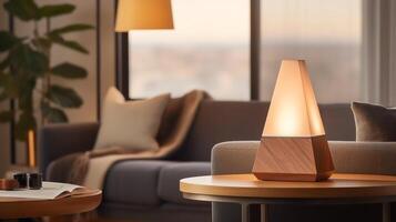 A wooden lamp with a triangular shade sits on a round table in a living room photo