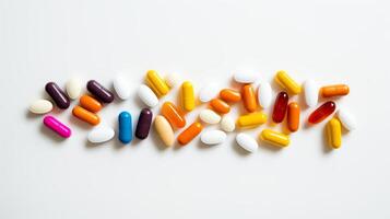 An array of various colorful pills scattered on a white background, symbolizing diversity in medication and healthcare options. photo