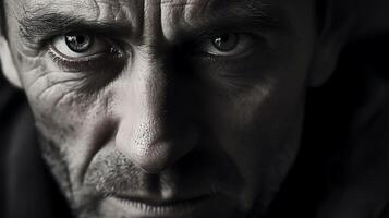 A close up of an intense man staring at the camera with his eyes wide open photo