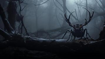A dark, atmospheric shot capturing a stag beetle on a broken branch, with fog surrounding it, using the rule of thirds and high contrast for a sinister cinematic look. photo