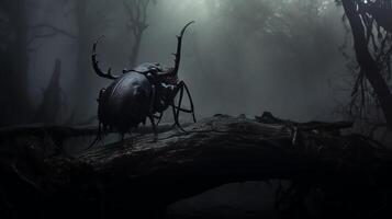 A dark, atmospheric shot capturing a stag beetle on a broken branch, with fog surrounding it, using the rule of thirds and high contrast for a sinister cinematic look. photo