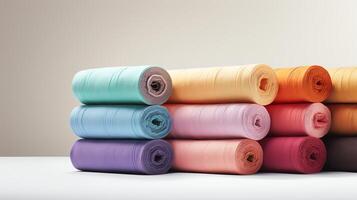 A high-resolution image featuring a stack of multicolored cotton rolls, with a clean background for text, perfect for advertising fabric stores or sewing tutorials. photo