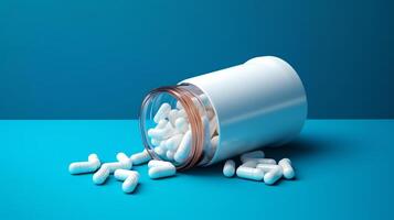 Close-up of assorted pharmaceutical drugs in a clear bottle with a white label, isolated on a blue background with ample copy space for text. photo