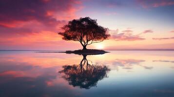 A large tree stands alone in the middle of a lake photo