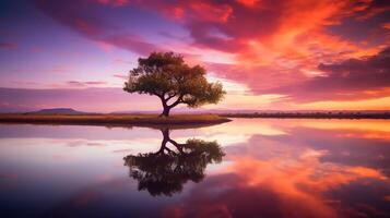 A single tree stands in the middle of a lake, with a beautiful sunset sky and clouds reflected in the water. photo