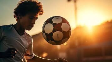High-contrast image showing the critical moment a soccer ball is hit, viewed from behind the player, focusing on their intense gaze under the late afternoon sunlight. photo