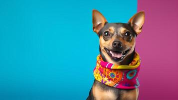 A joyful image of a small dog wearing a colorful bandana, posed with a simple backdrop, ideal for copy space usage in pet accessory advertisements or blogs. photo