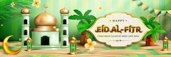 Happy Eid al fitr 3D realistic with Mosque, Crescent moon, Lantern and Podium. Suitable for Greeting card, Web Banner, Stage for Product promotion. vector