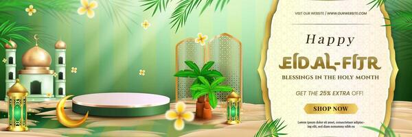 Happy Eid al fitr 3D realistic green luxury with Lantern, Geometric Pattern ornament, Suitable for Greeting card, Web Banner Premium vector