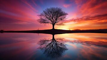 A large tree stands alone in a field. The sky is a vibrant orange and pink, and the tree is reflected in the still water below. The scene is peaceful and serene. photo