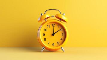 Vintage alarm clock, bright yellow, isolated against a stark white backdrop, highlighting bold colors and retro design. photo