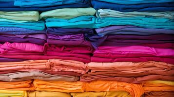 A bright and colorful display of cotton fabric layers, offering plenty of copy space for creative advertising or educational content on textile processing. photo