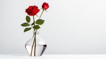 Elegant glass vase with a single red rose, isolated on pure white, soft shadows underlining simplicity. photo
