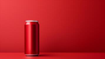 Create a photorealistic rendering of a single red aluminum can on a red table against a red background photo