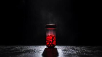 A dramatic scene of a single drug capsule highlighted under a spotlight against a dark, moody background, emphasizing the power of medication. photo