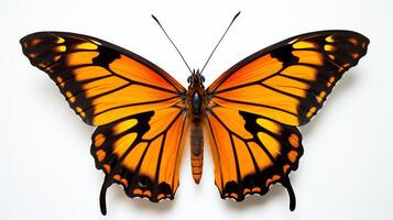 Brightly colored butterfly, wings spread, perched on a delicate twig, isolated on a white background, crisp focus. photo