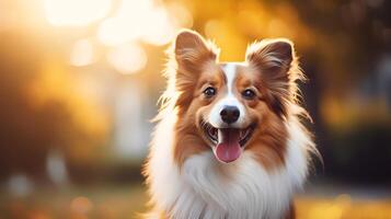 A close-up of a smiling dog with a shiny coat, against a blurred natural background, offering extensive copy space for veterinary clinics or pet health insurance promotions. photo