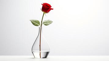Elegant glass vase with a single red rose, isolated on pure white, soft shadows underlining simplicity. photo